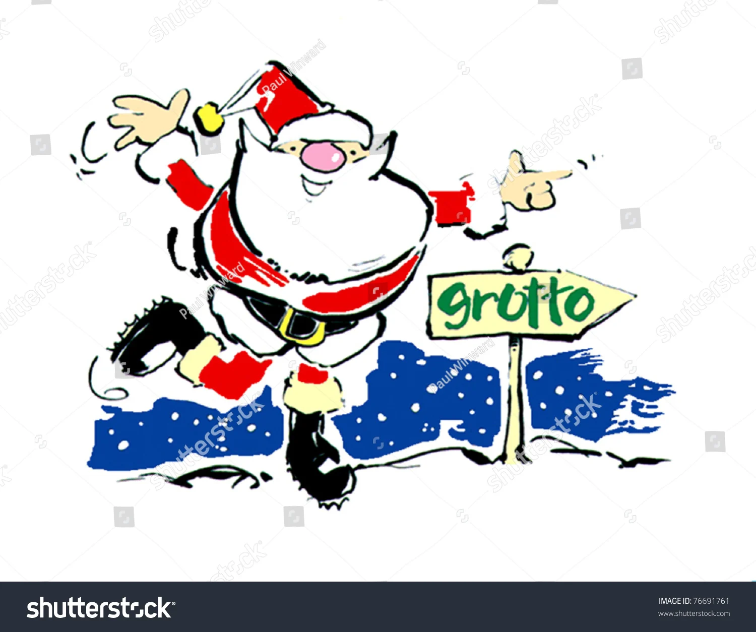 Cartoon Father Christmas happily dancing in the snow, pointing towards a green sign that says grotto, with snowflakes falling in the background.